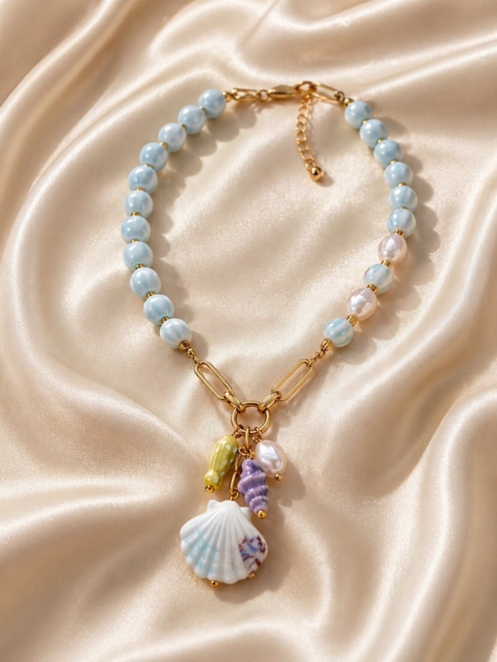 Seashell Blue Beads Gold Chain Beach Style Necklace - Picture 6 of 13